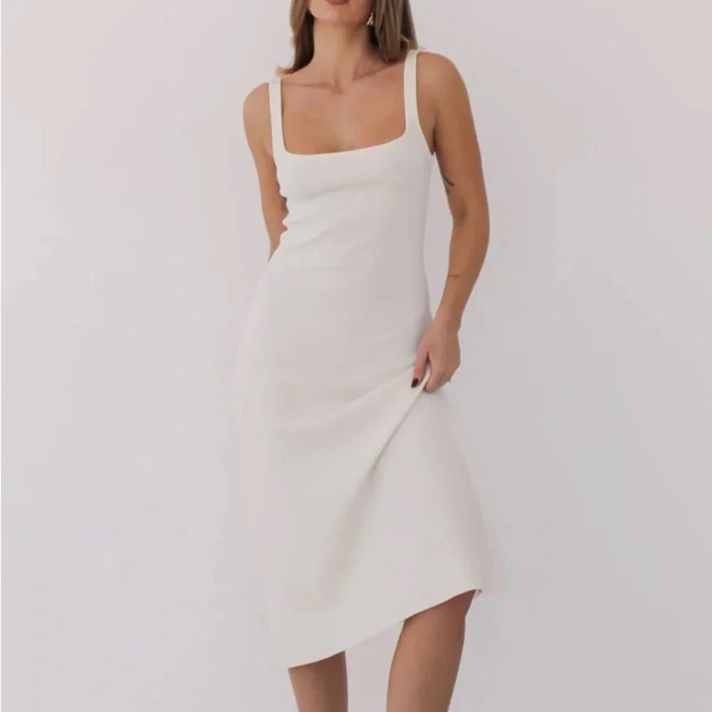 Rumored Parisian Ribbed Knit Midi Dress Cream Square Neck Tank Medium